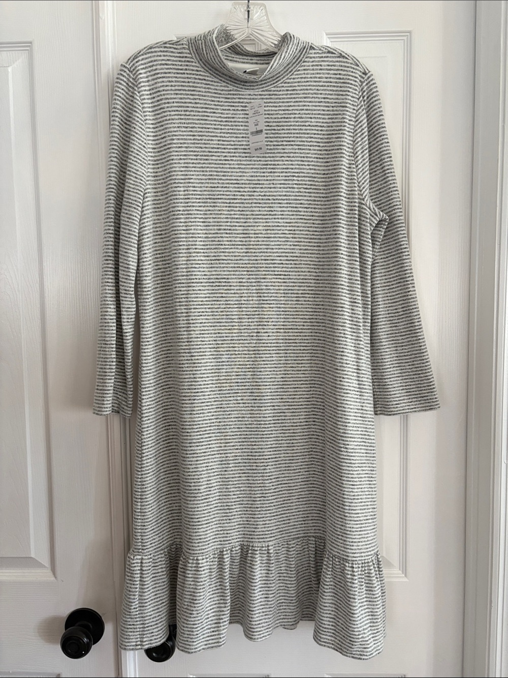 White House Black Market Striped Long Sleeve Ruffle Hem Gray and white Dress NWT